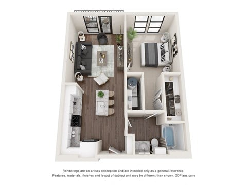Floor plan for 1 bed, 1 bath, 722 sqft